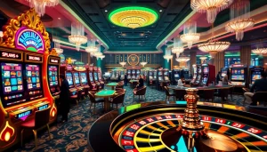 Players enjoying high-stakes games at a luxurious "doaslot" casino scene, exciting atmosphere.
