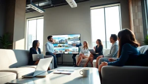 Real Estate agents collaborating in a modern office environment filled with natural light.