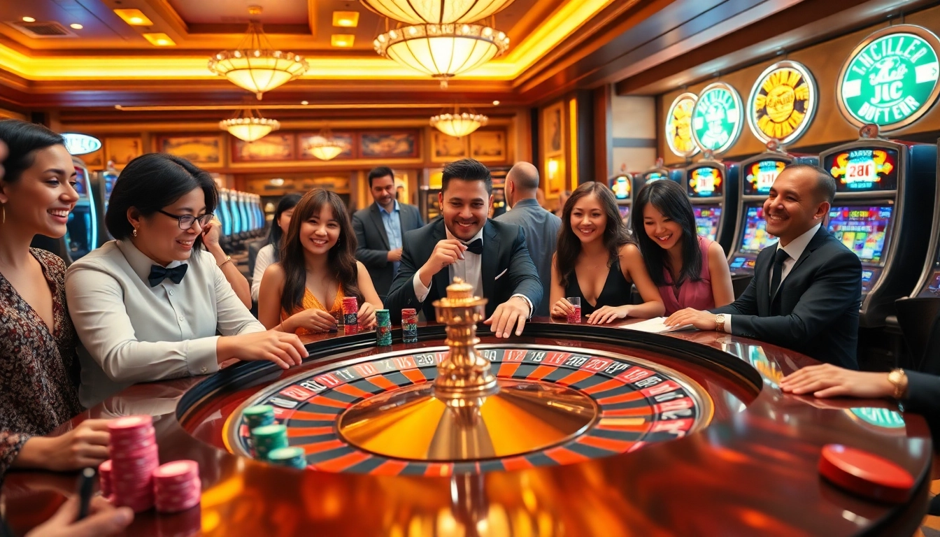 Excited players place bets at a luxurious casino table, featuring KJC branding at https://kjc.pizza/.