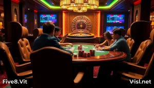 Players enjoy a thrilling poker game at five88v.net's luxurious casino, showcasing excitement and strategy.