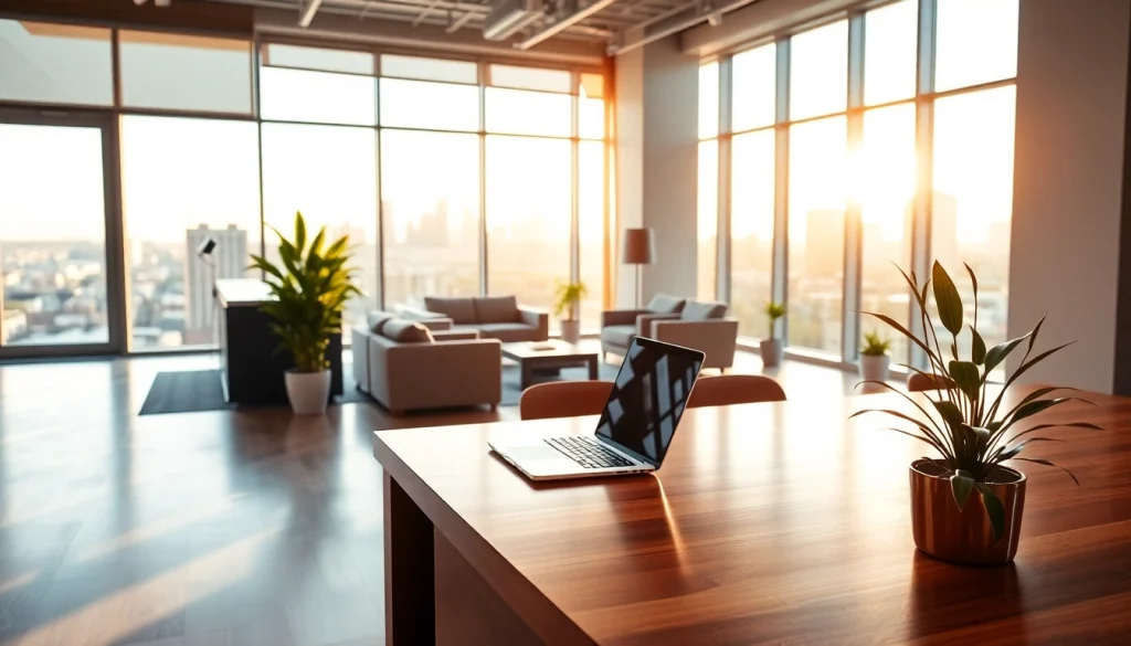 Real Estate office interior showcasing inviting reception space with sleek design and natural light.