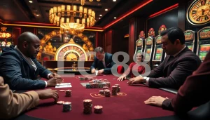 Experience thrilling gameplay at LC88's luxurious poker tables with colorful chips and a vibrant atmosphere.