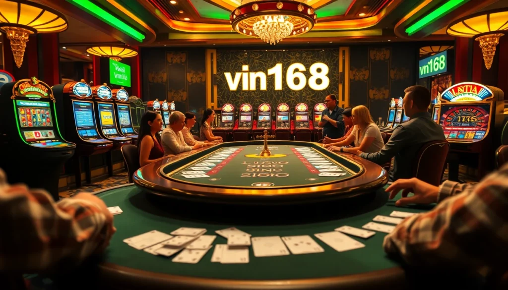 Exciting gambling experience at vn168 casino with poker tables and slot machines vividly displayed.