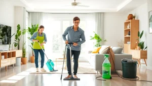 Cleaning service professionals performing thorough cleaning in a pristine home environment.