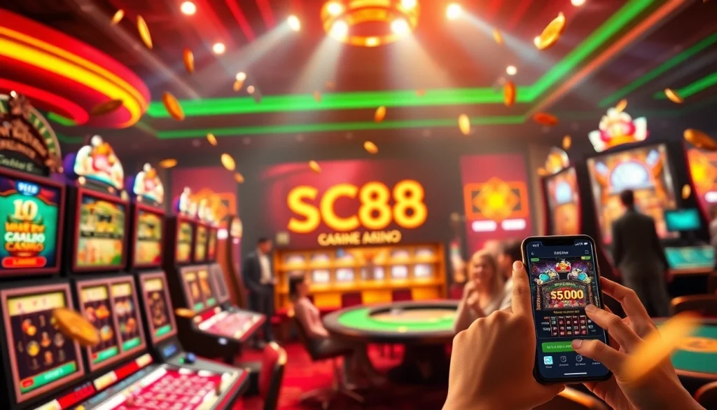 Dynamic scene of online gaming with SC88 showcasing vibrant games and a luxurious interface.