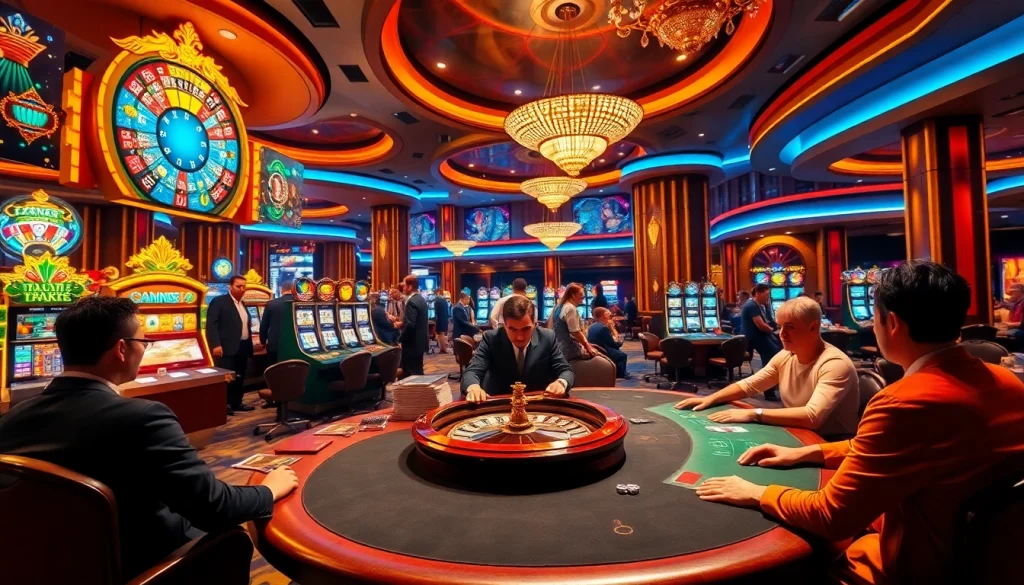 Exciting gaming scene at rr88com with roulette and poker action in a luxurious casino.