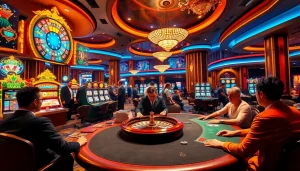 Exciting gaming scene at rr88com with roulette and poker action in a luxurious casino.