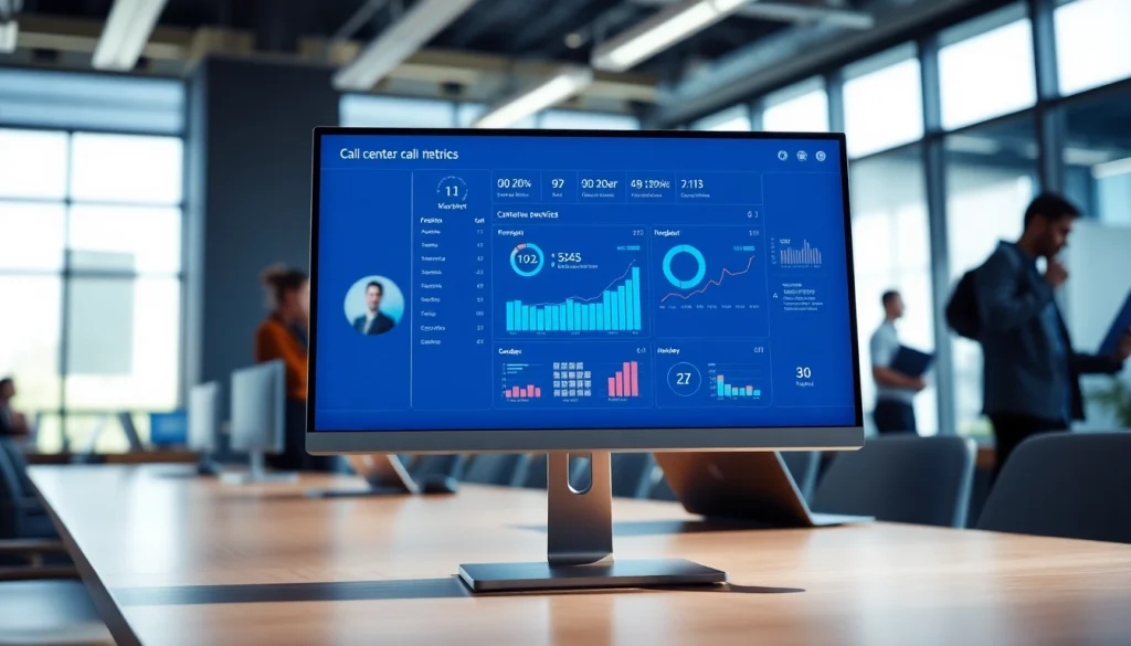 Engaging call center software dashboard in a modern office with agents in the background.