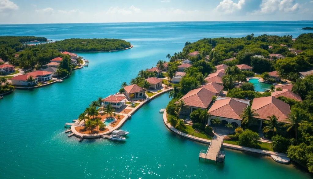 Dustin Rennie Mahogany Bay - Aerial view of luxury canal-front homes in Belize, showcasing investment potential.