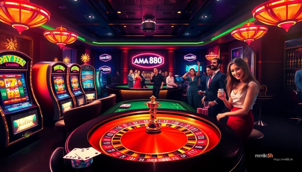 An immersive online gambling scene showcasing players enjoying casino games through https://mm88.sh/ with vibrant colors and excitement.
