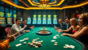 S8 casino players enjoying a high-stakes game amidst vibrant tables and glowing slot machines