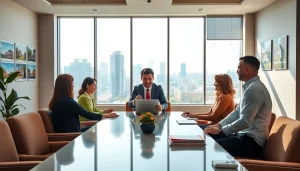 Showcasing real estate options with clients in a professional office setting filled with natural light.