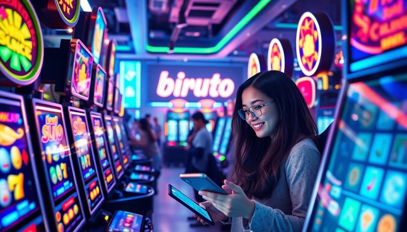 Adegan permainan online Birutoto yang mendebarkan dengan para pemain dan mesin slot berwarna-warni dalam suasana kasino yang hidup.