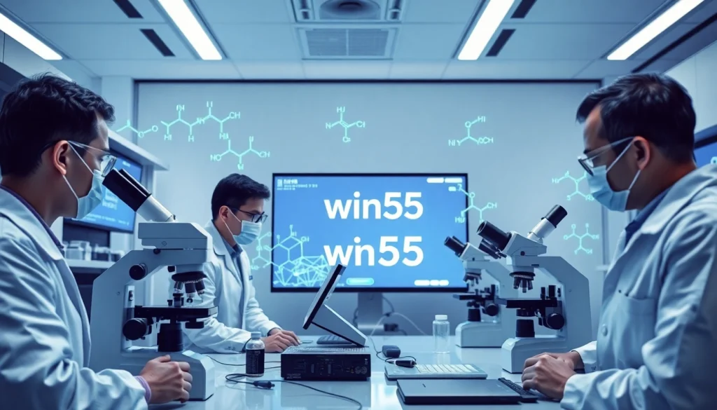 A detailed laboratory scene showcasing researchers studying win55 synthetic cannabinoids, emphasizing innovation and professionalism.