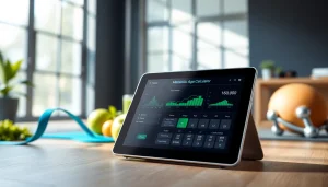 Calculate your metabolic age with a sleek interface and a modern home gym setting.