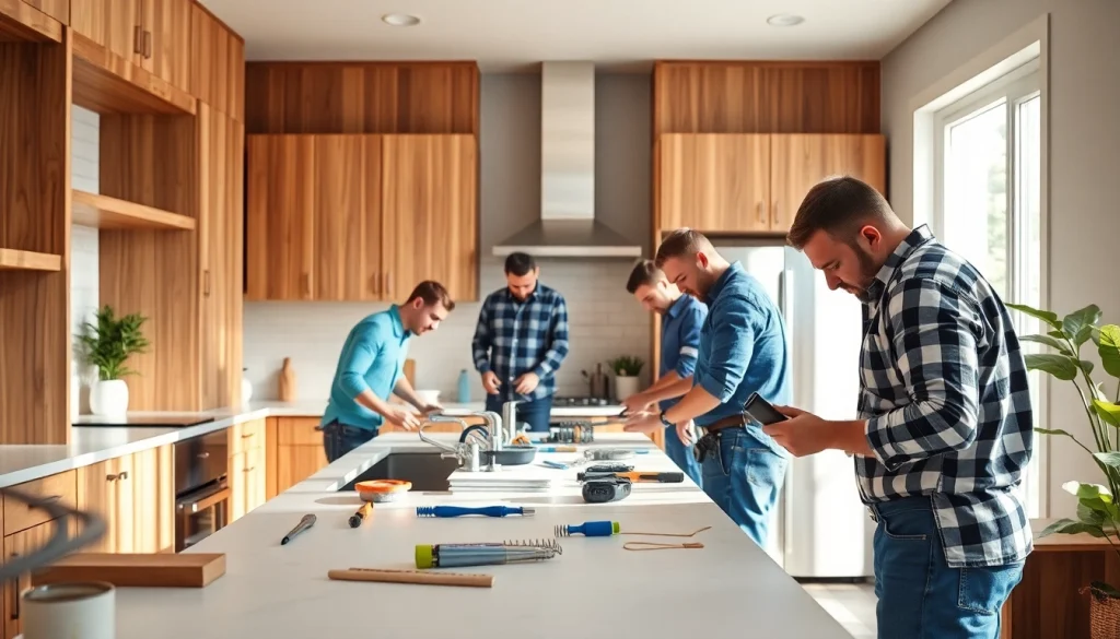 Home renovation team actively transforming a modern kitchen with cabinetry installation.