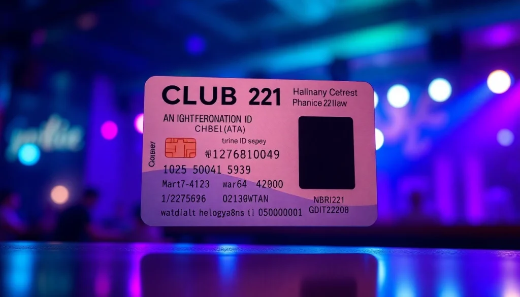 Showcasing Club21ids premium fake ID card featuring intricate holograms and UV designs against a club background.