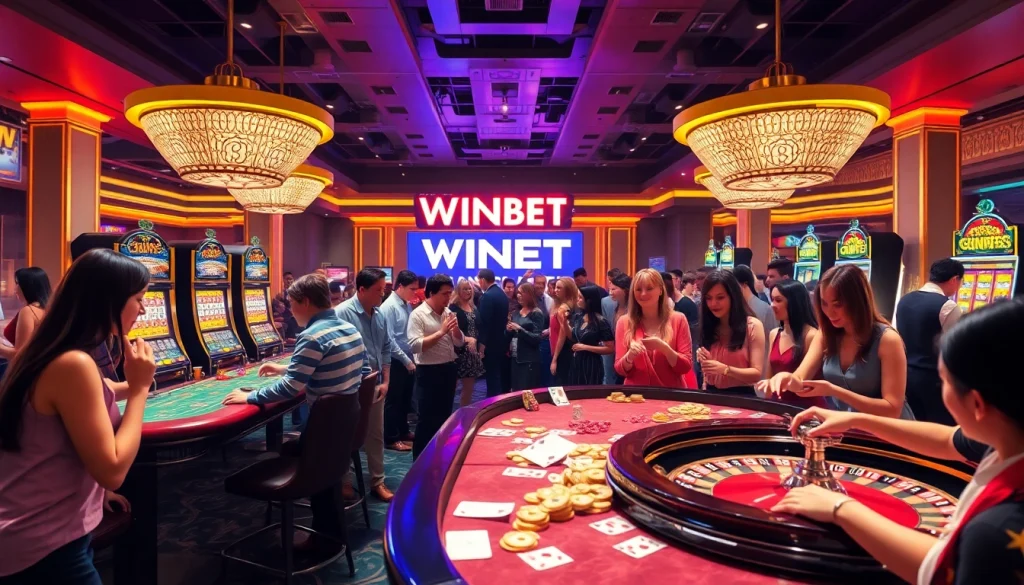 WINBET casino scene featuring players engaging with poker tables and slot machines in a vibrant atmosphere.