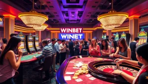 WINBET casino scene featuring players engaging with poker tables and slot machines in a vibrant atmosphere.