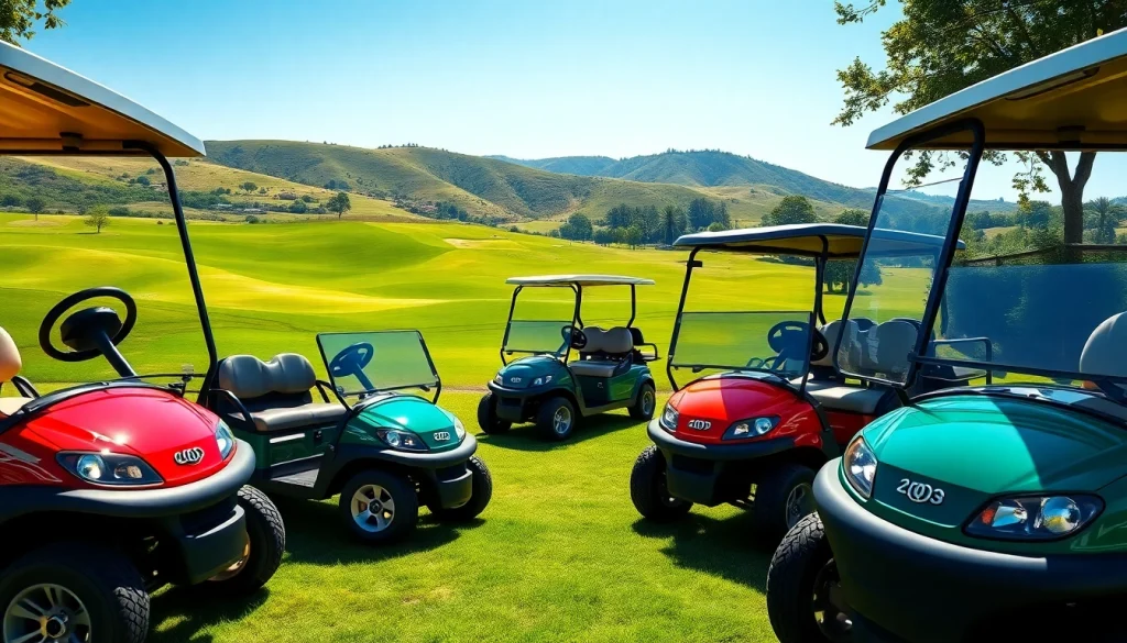 Shop for golf carts showcased on a beautiful golf course under bright sunlight.