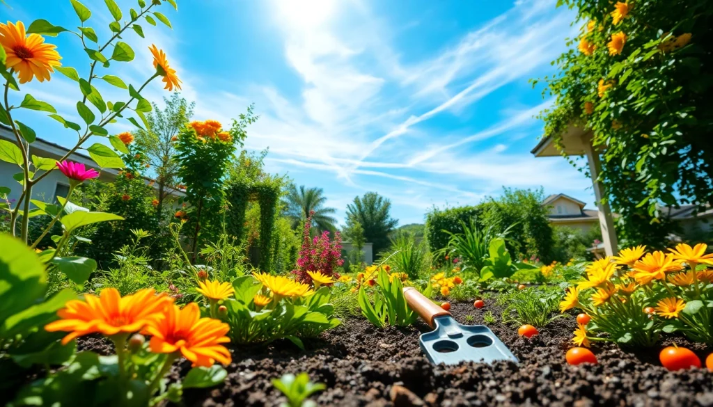 Gardening scene showcasing colorful flowers and lush vegetables thriving in a sunlit garden.