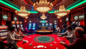 Experience thrilling moments at PH222 casino with an elegant roulette table and vibrant slot machines.