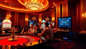Exciting gambling atmosphere at OK365LV.COM with players at a roulette table.