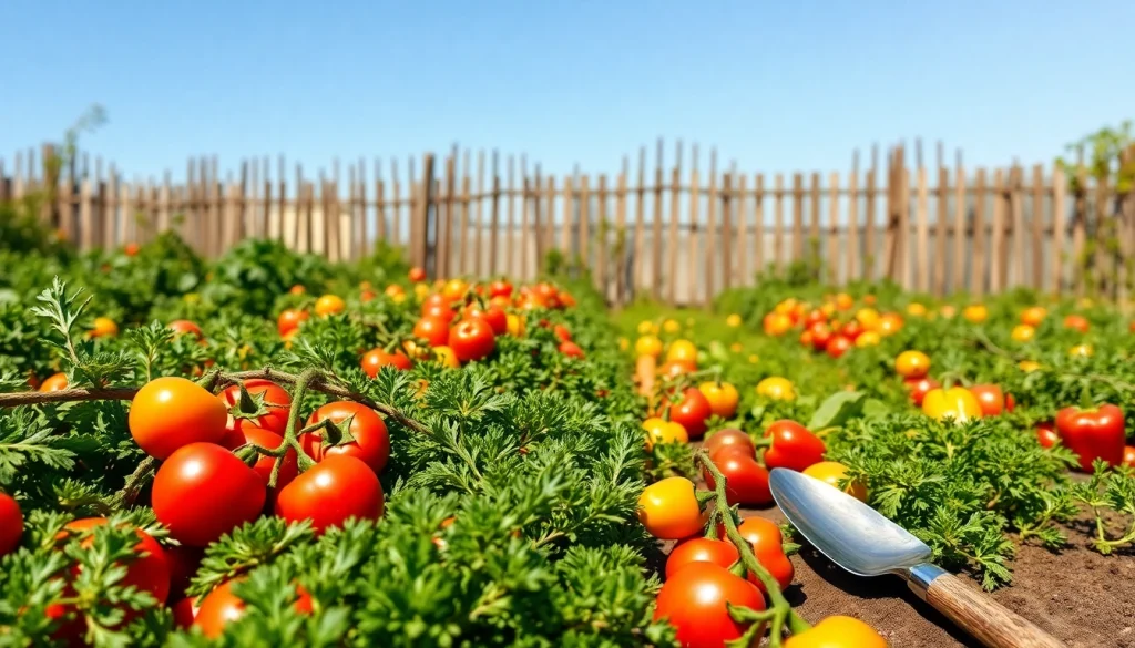 Gardening in a vibrant vegetable garden showcasing fresh produce and neat rows of plants.