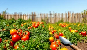Gardening in a vibrant vegetable garden showcasing fresh produce and neat rows of plants.