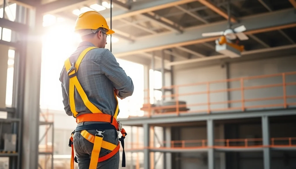 Utförligt arrangemang med fallskyddssele och säkerhetslina i säkerhetsfokus.