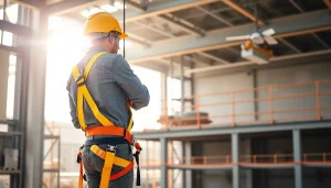 Utförligt arrangemang med fallskyddssele och säkerhetslina i säkerhetsfokus.