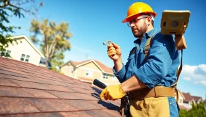 Qualified roofing contractor assessing a residential roof during daylight, ensuring safety and quality.