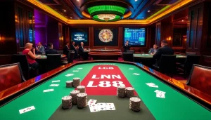 Experience the thrill of Lc 88 at a luxury poker table in a glamorous casino atmosphere