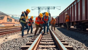 Emergency RailroadRepair focus with workers repairing tracks using advanced tools outdoors.