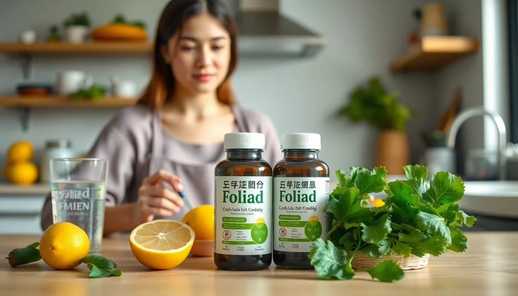 静かなキッチンで新鮮な果物と緑の野菜を添えた葉酸サプリ入りのヘルシーな朝食。