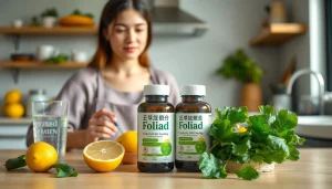 静かなキッチンで新鮮な果物と緑の野菜を添えた葉酸サプリ入りのヘルシーな朝食。