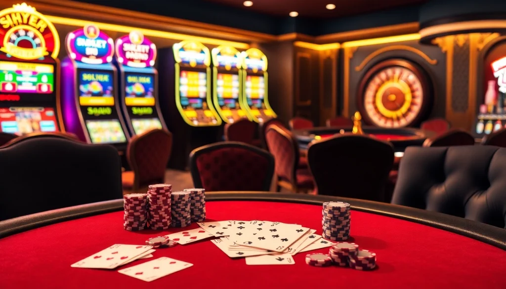 SHBET casino gambling with a luxury poker table and vibrant slot machines.