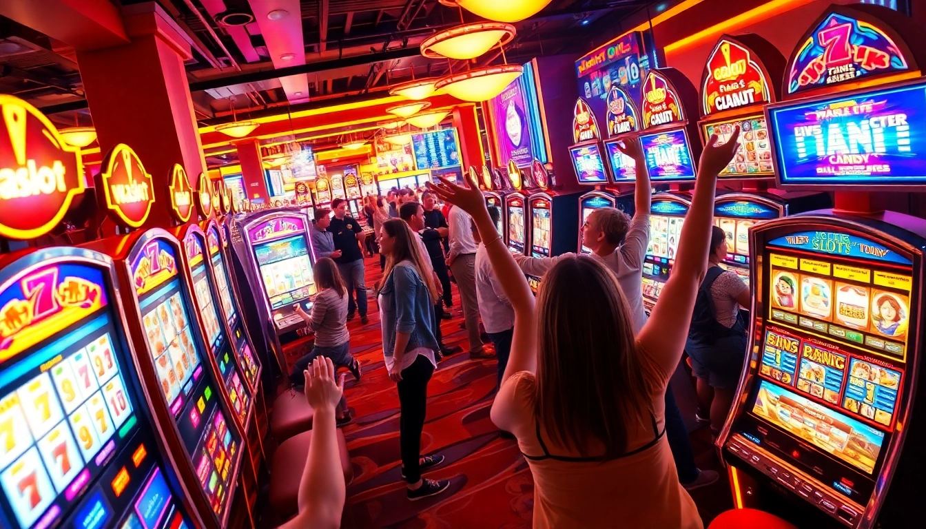 Players celebrating a win at the doaslot slot machine in a vibrant casino.