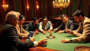 Bongdalu inspired gamblers engage in high-stakes play at an upscale casino table.