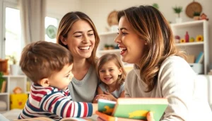 Capture the joyful interaction of a mom with her children, inspired by https://giveaways4mom.com, showcasing family warmth.