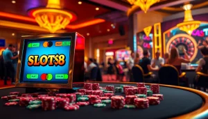 Players enjoying the luxurious SLOTS8 slot machine amidst the excitement of a lavish casino setting.
