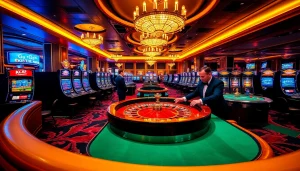 Exciting gaming action at KJC's luxury casino, featuring roulette and poker tables.