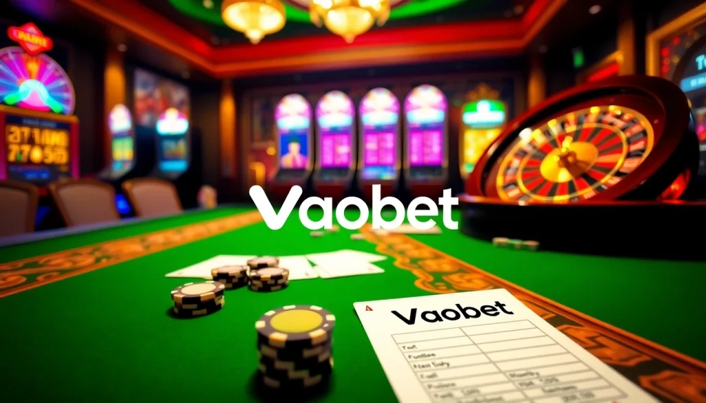 Experience the excitement of Vaobet with vibrant casino elements, including roulette and poker chips.