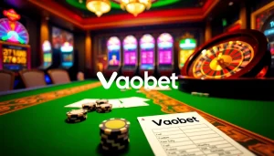 Experience the excitement of Vaobet with vibrant casino elements, including roulette and poker chips.