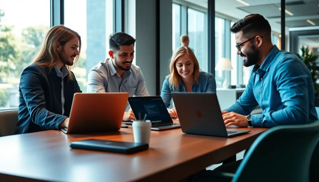 Collaborative team of a Florida Digital Marketing Agency strategizing in a bright office.