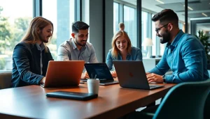 Collaborative team of a Florida Digital Marketing Agency strategizing in a bright office.