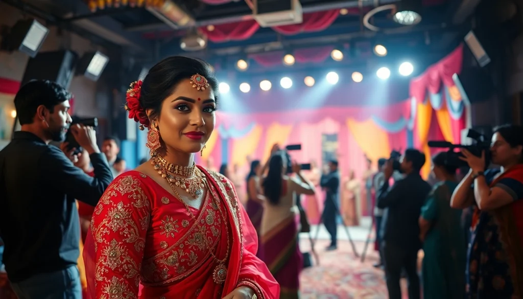 Explore artistic representation of a vibrant Bollywood film set at https://theopinionatedindian.com showcasing actors and crew.