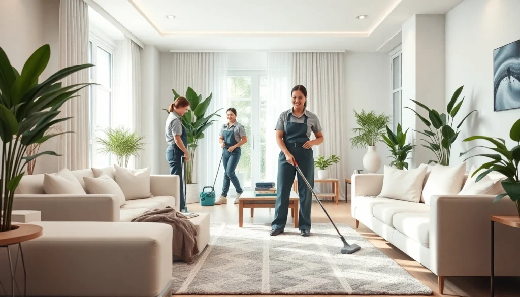 Cleaning service team efficiently tidying a bright, modern home with vibrant decor.