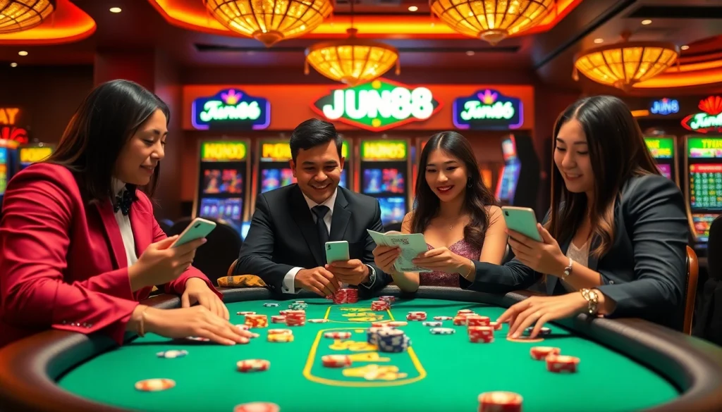 Experience intense gaming at JUN88, with engaged players around a vibrant casino table.