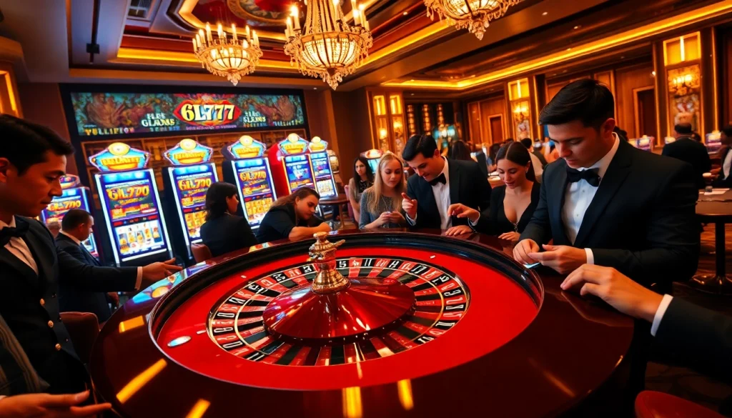 Exciting casino action at 6L777 roulette table with vibrant players and colorful chips.